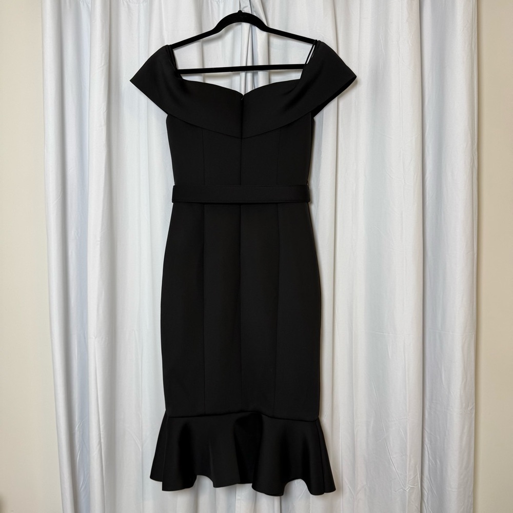 Badgley Mischka Off Shoulder Belted Scuba Dress Black NWT Size 8 - Picture 9 of 14